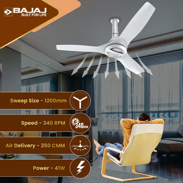 Bajaj Arioso Luxe 48 BLDC Ceiling Fan - BEE 5-Star Rated, Aerodynamic Blades, RF Remote, 2-Year Warranty (White & Silver) 