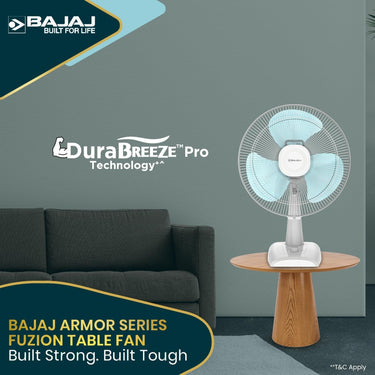 Bajaj Armor Series Fuzion 400mm Table Fan – DuraBreeze Pro Technology, 100% Copper Motor, White BlueTint