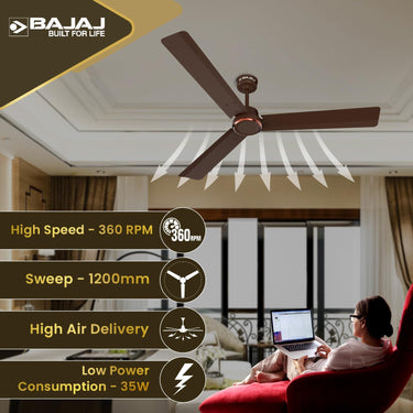 Bajaj Classico Sleek Plus 1200mm BLDC Ceiling Fan – 5-Star Rated, RF Remote, 2-Yr Warranty (Red Walnut)