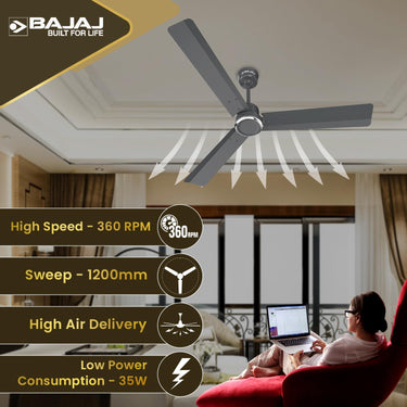 Bajaj Classico Sleek Plus 1200mm BLDC Ceiling Fan - BEE 5-Star Rated, RF Remote, 2-Yr Warranty – Coal Grey