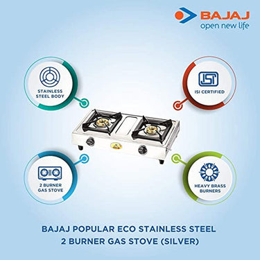 Bajaj Popular Eco 2-Burner Gas Stove - ISI Certified, Stainless Steel, Silver 