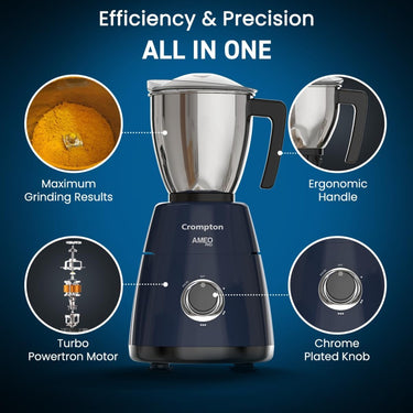 Crompton Ameo PRO 750W Mixer Grinder with Maxi Grind Technology Vent X 3 Stainless Steel Jars Black and Blue