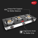 Pigeon Ayush 3 Burner High Powered Brass Gas Stove Cooktop with Glass Top and Stainless Steel Body (Black, Standard) Ergonomic Knob