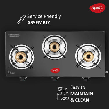 Pigeon Ayush 3 Burner High Powered Brass Gas Stove Cooktop with Glass Top and Stainless Steel Body (Black, Standard) Service Friendly Assembly