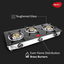 Pigeon Ayush 3 Burner High Powered Brass Gas Stove Cooktop with Glass Top and Stainless Steel Body (Black, Standard) Toughned Glass