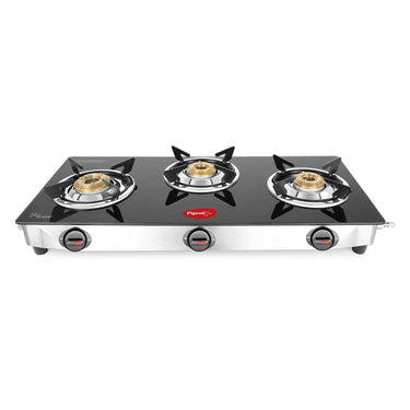 Pigeon Ayush 3 Burner High Powered Brass Gas Stove Cooktop with Glass Top and Stainless Steel Body (Black, Standard)