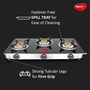 Pigeon Ayush 3 Burner High Powered Brass Gas Stove Cooktop with Glass Top and Stainless Steel Body (Black, Standard) with Spill tray