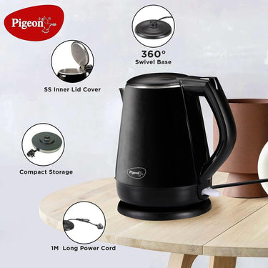 Pigeon Spark 1.2L Double-Walled Kettle - Stainless Steel Interior, Cool Touch, Keep Warm Feature (Black, 1500W)